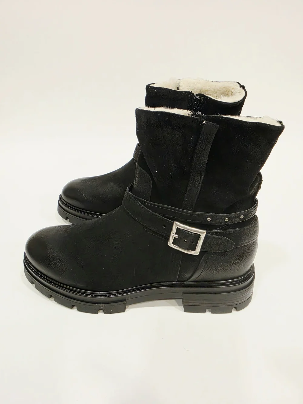Miz Mooz Bonney Black Leather Shearling-Cuff Buckle Booties US 10.5/EU 41
